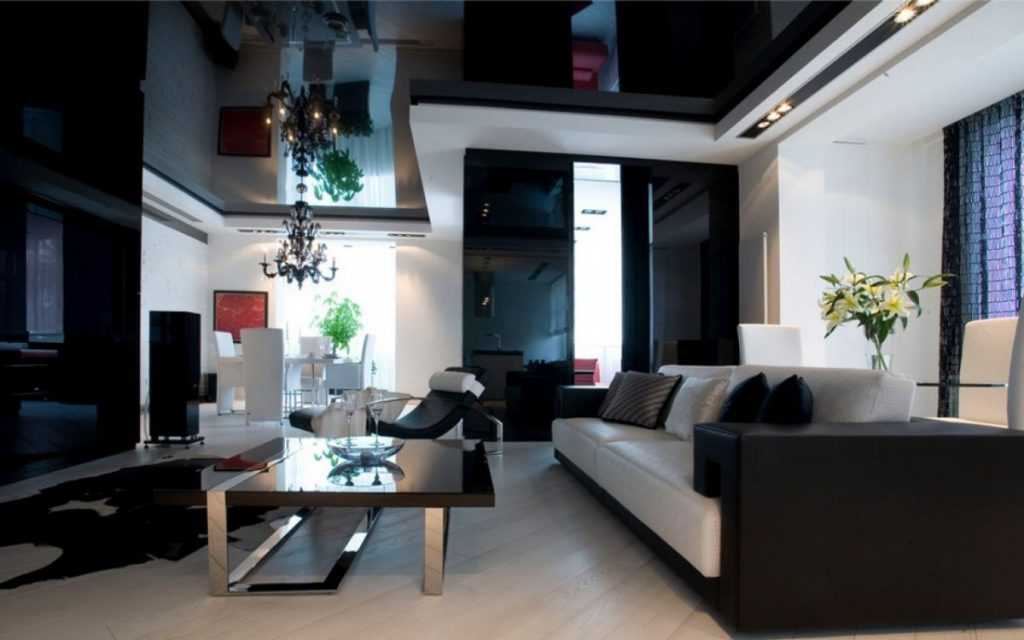 Натяжные черно-белые потолоки — варианты дизайна в разных комнатах