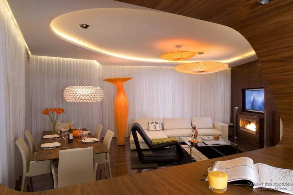 Двухуровневые потолки из гипсокартона для гостиной (49 фото): варианты дизайна двухуровневых потолков с подсветкой в интерьере зала