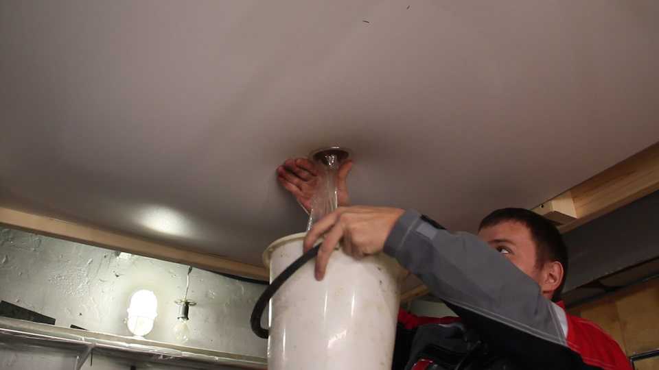 Слив воды с натяжного потолка (38 фото): как самостоятельно сливать, если затопили, как убрать капли и просушить полотно