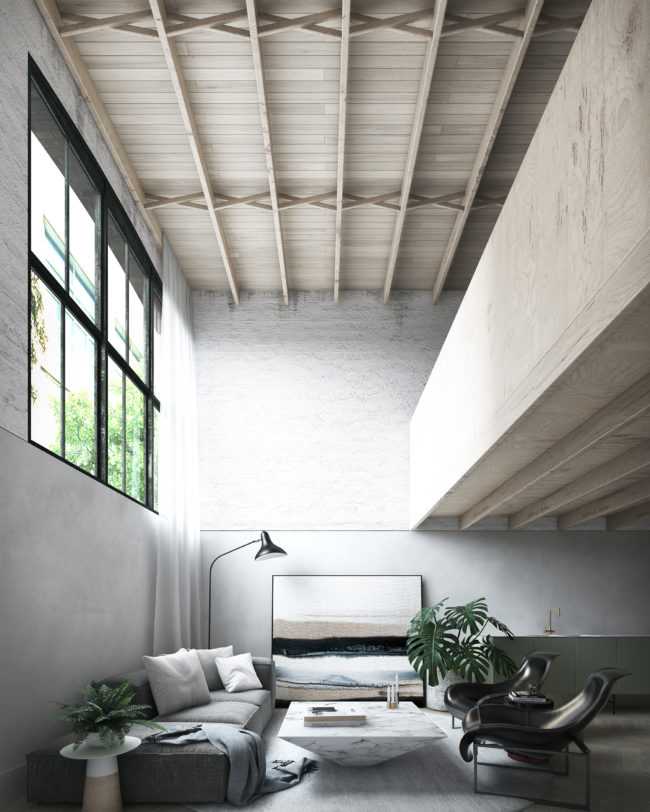 Потолок в стиле лофт: бетонный, натяжной, деревянный — 47 фото интерьеров